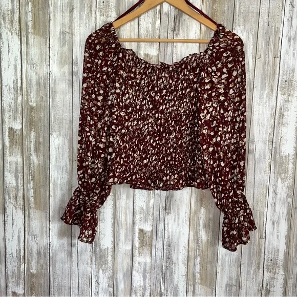 She & Sky Wine Printed Smocked Cropped Blouse - Picture 1 of 5